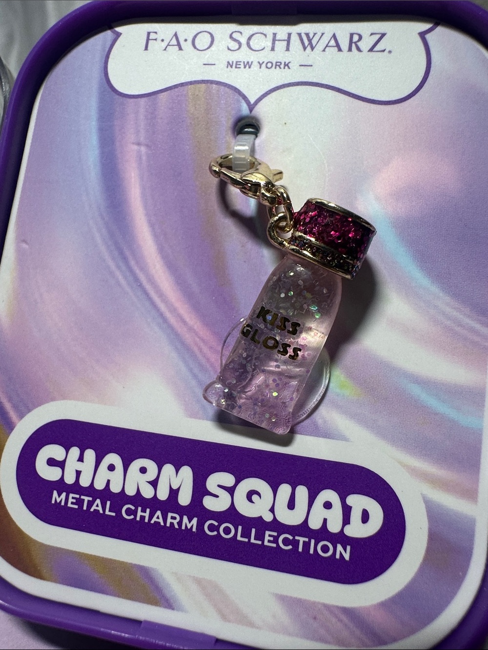 FAO Schwarz Purple Glitter Kiss Gloss Bottle Charm with Pink Rhinestones. NWT